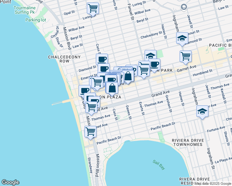 map of restaurants, bars, coffee shops, grocery stores, and more near 1059 Garnet Avenue in San Diego