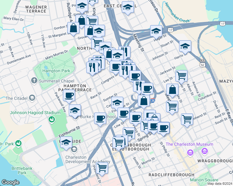 map of restaurants, bars, coffee shops, grocery stores, and more near 29 Race Street in Charleston