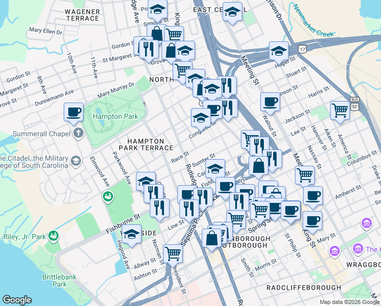 map of restaurants, bars, coffee shops, grocery stores, and more near 147 Congress Street in Charleston