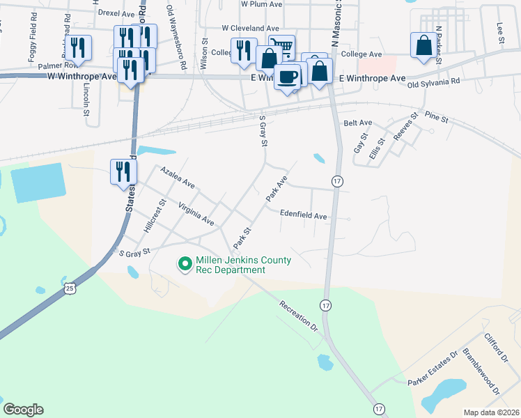 map of restaurants, bars, coffee shops, grocery stores, and more near 460-498 South Gray Street in Millen