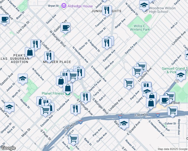 map of restaurants, bars, coffee shops, grocery stores, and more near 5221 Eastside Avenue in Dallas