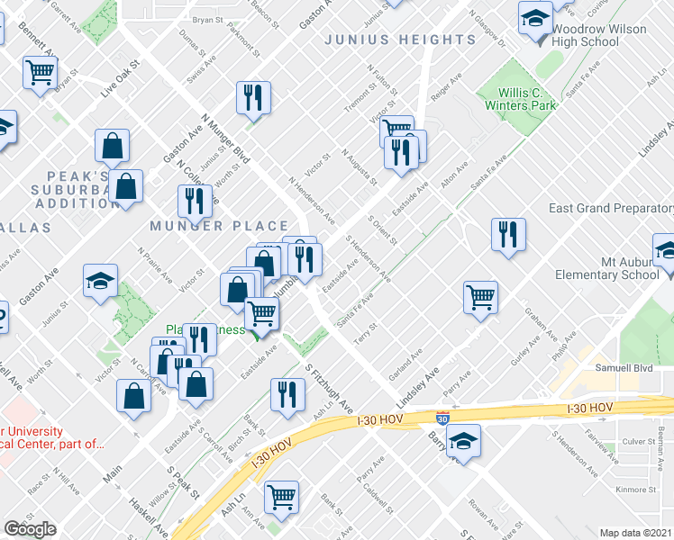 map of restaurants, bars, coffee shops, grocery stores, and more near in Dallas