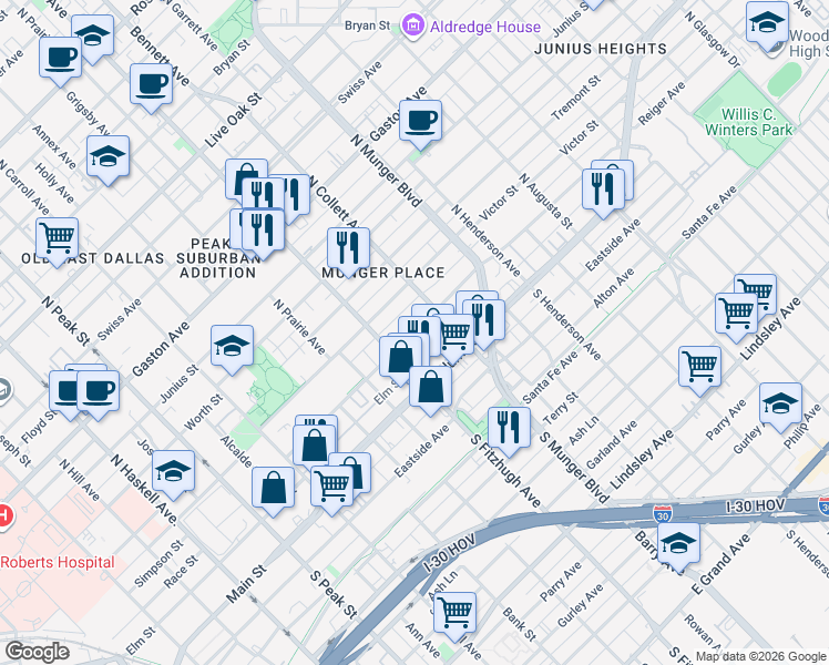 map of restaurants, bars, coffee shops, grocery stores, and more near 4943 Reiger Avenue in Dallas
