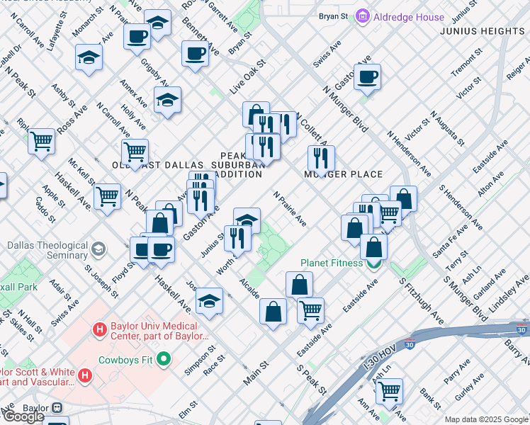 map of restaurants, bars, coffee shops, grocery stores, and more near 4721 Worth Street in Dallas