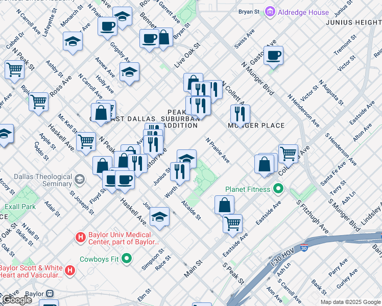 map of restaurants, bars, coffee shops, grocery stores, and more near 4631 Junius Street in Dallas