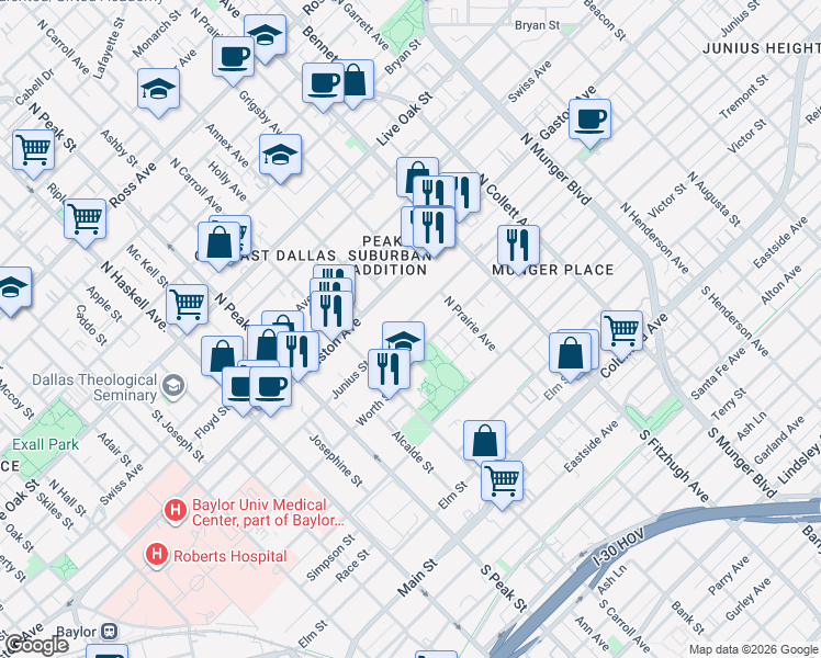 map of restaurants, bars, coffee shops, grocery stores, and more near 4631 Junius Street in Dallas