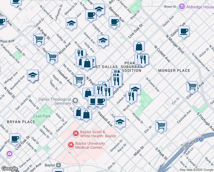 map of restaurants, bars, coffee shops, grocery stores, and more near 4409 Swiss Avenue in Dallas