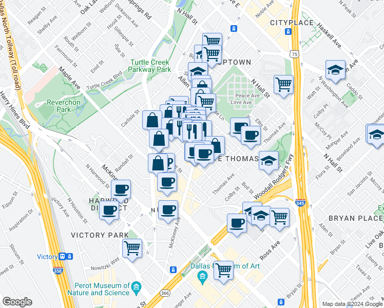 map of restaurants, bars, coffee shops, grocery stores, and more near 2708 Routh Street in Dallas
