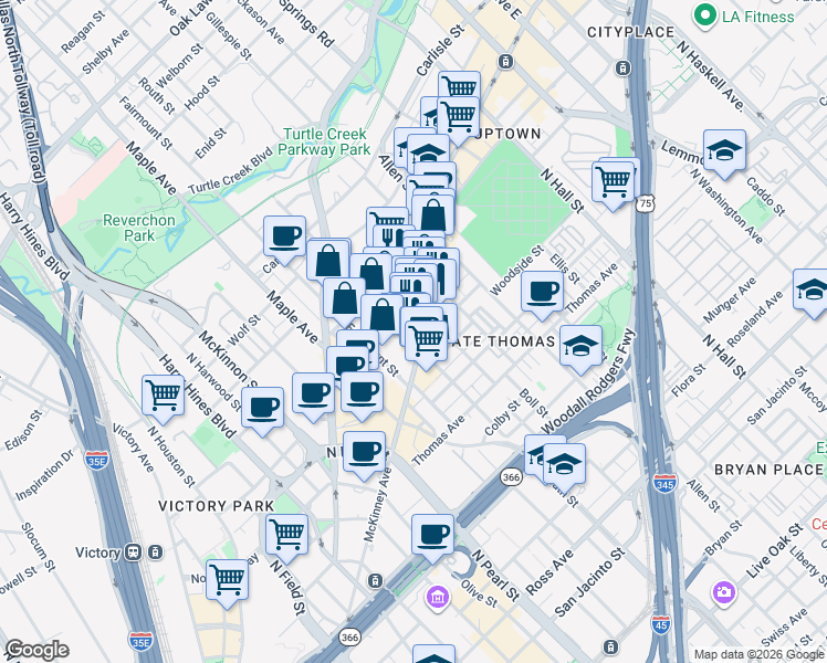 map of restaurants, bars, coffee shops, grocery stores, and more near 2619 McKinney Avenue in Dallas