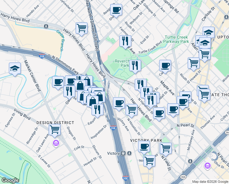 map of restaurants, bars, coffee shops, grocery stores, and more near 3333 Harry Hines Boulevard in Dallas