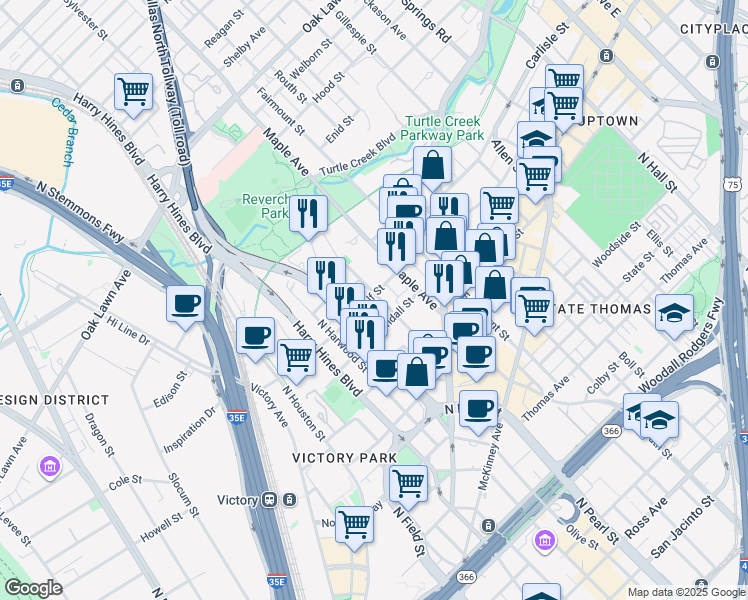 map of restaurants, bars, coffee shops, grocery stores, and more near 2925 Bookhout Street in Dallas