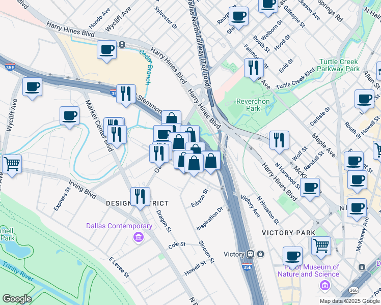 map of restaurants, bars, coffee shops, grocery stores, and more near Stemmons Fwy in Dallas