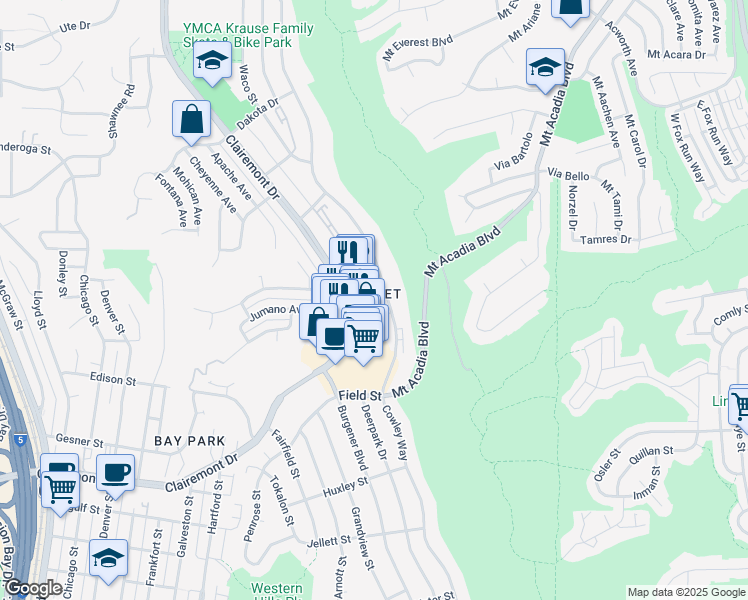 map of restaurants, bars, coffee shops, grocery stores, and more near 3048 Beachwood Bluff Way in San Diego