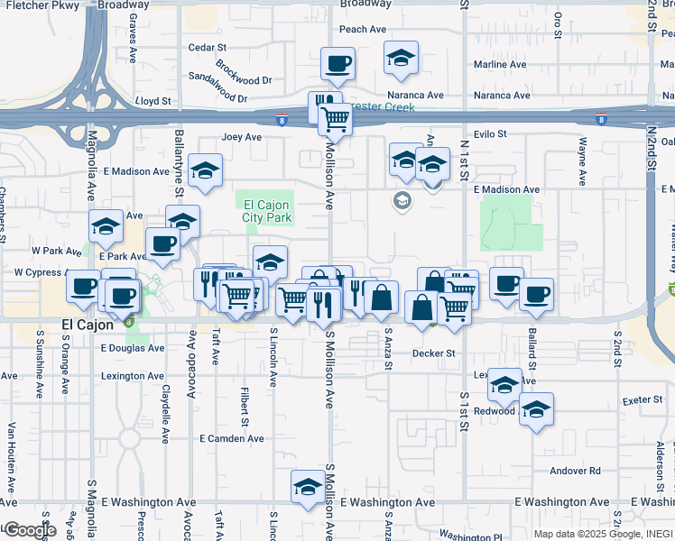 map of restaurants, bars, coffee shops, grocery stores, and more near 301 North Mollison Avenue in El Cajon