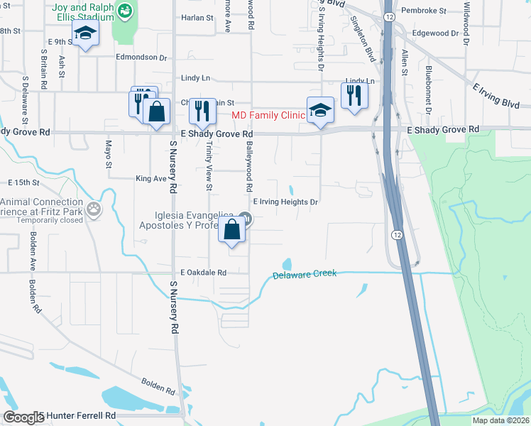 map of restaurants, bars, coffee shops, grocery stores, and more near 1601 Wahl Street in Irving