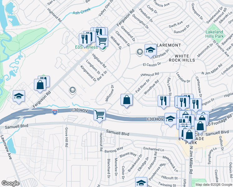 map of restaurants, bars, coffee shops, grocery stores, and more near 2472 Highland Road in Dallas