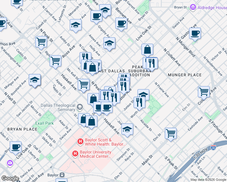 map of restaurants, bars, coffee shops, grocery stores, and more near 4409 Swiss Avenue in Dallas