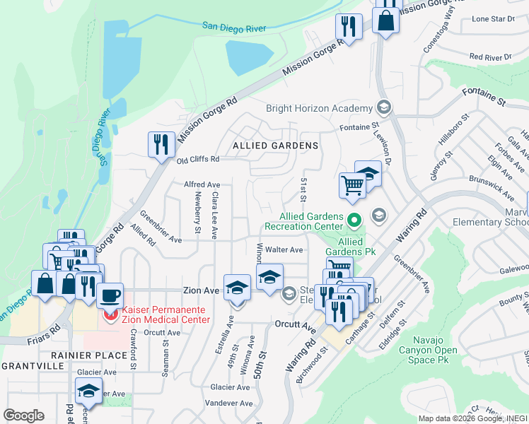 map of restaurants, bars, coffee shops, grocery stores, and more near 6895 Halifax Street in San Diego