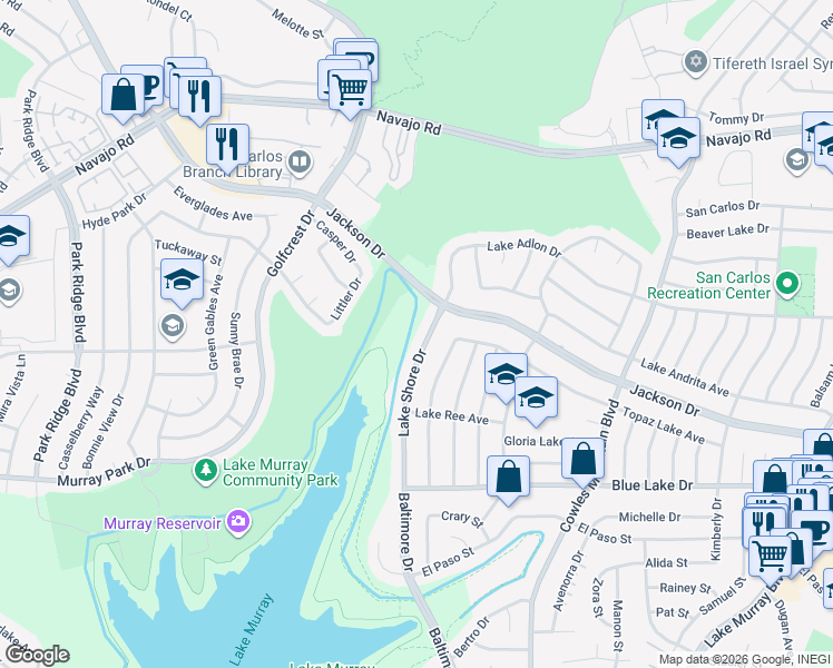 map of restaurants, bars, coffee shops, grocery stores, and more near 6390 Lake Shore Drive in San Diego