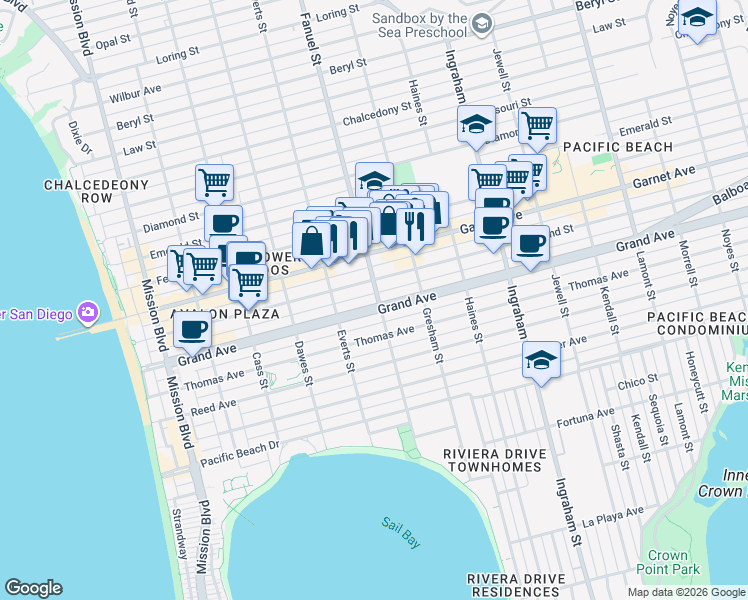 map of restaurants, bars, coffee shops, grocery stores, and more near in San Diego