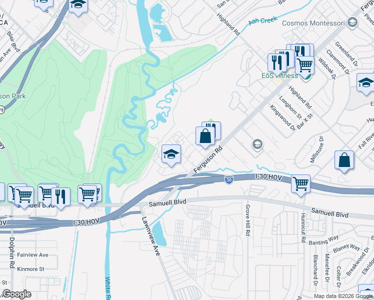 map of restaurants, bars, coffee shops, grocery stores, and more near 7229 Ferguson Road in Dallas