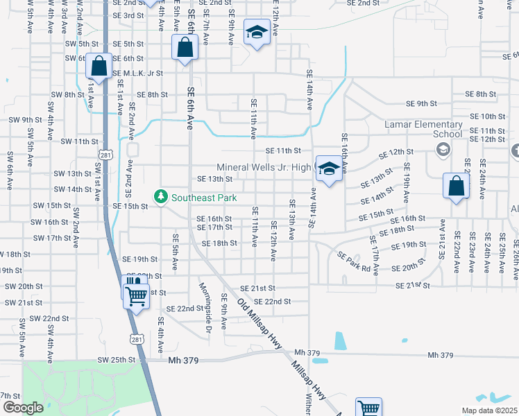 map of restaurants, bars, coffee shops, grocery stores, and more near 1601 Southeast 11th Avenue in Mineral Wells