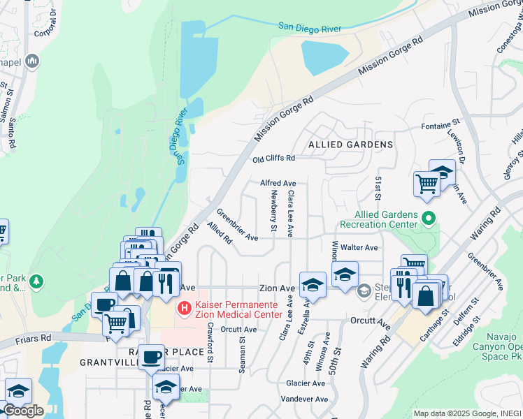 map of restaurants, bars, coffee shops, grocery stores, and more near 6868 Newberry Street in San Diego