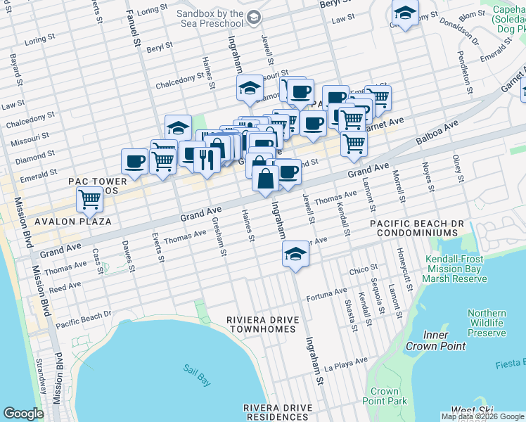 map of restaurants, bars, coffee shops, grocery stores, and more near 1548 Thomas Avenue in San Diego