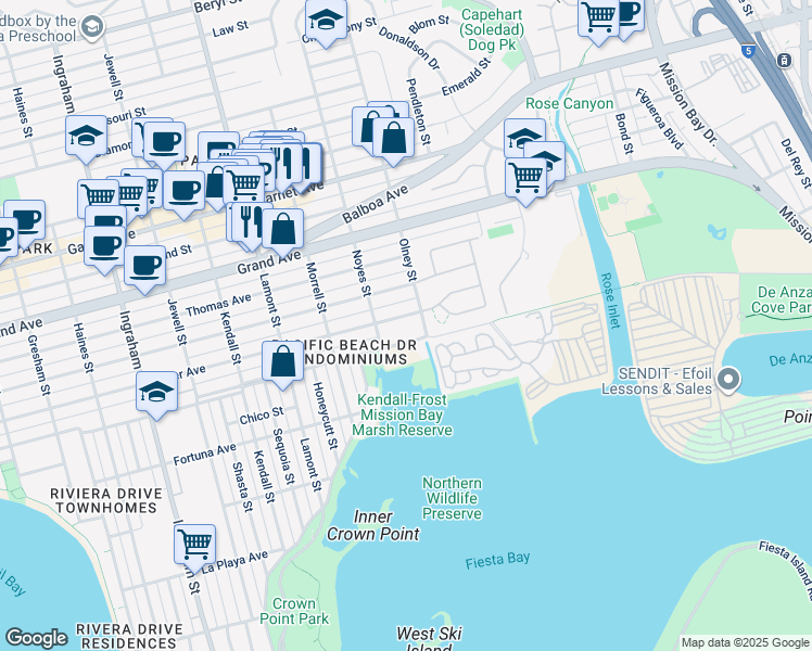 map of restaurants, bars, coffee shops, grocery stores, and more near 2151 Oliver Avenue in San Diego