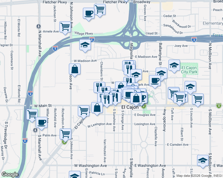 map of restaurants, bars, coffee shops, grocery stores, and more near 337 West Park Avenue in El Cajon