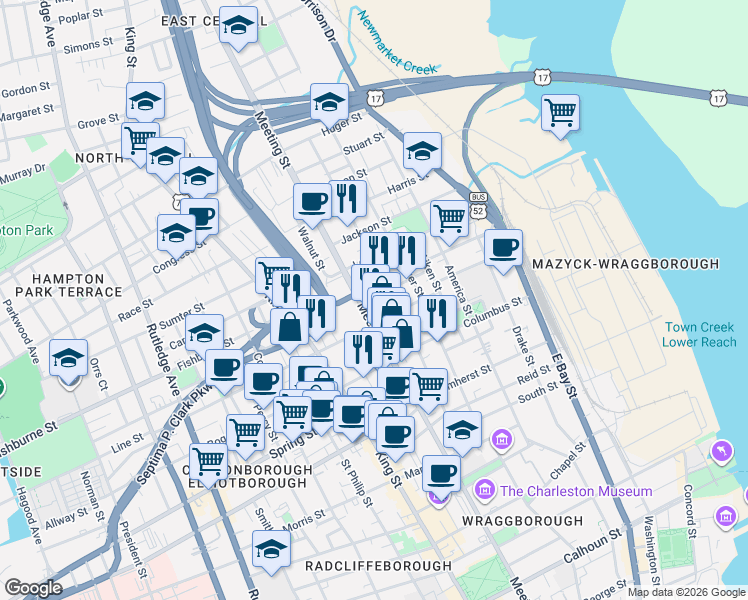 map of restaurants, bars, coffee shops, grocery stores, and more near 512 Meeting Street in Charleston