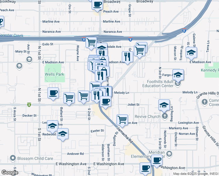 map of restaurants, bars, coffee shops, grocery stores, and more near 1338 East Main Street in El Cajon