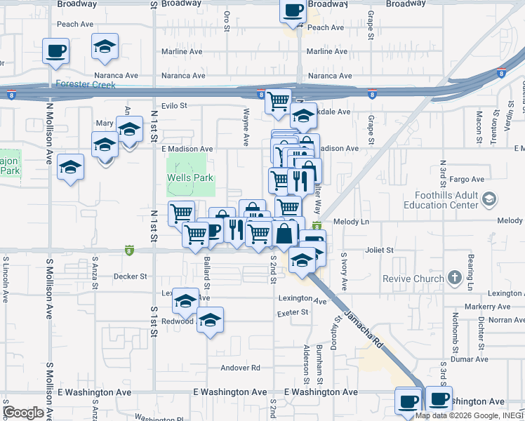 map of restaurants, bars, coffee shops, grocery stores, and more near 306 Shady Lane in El Cajon