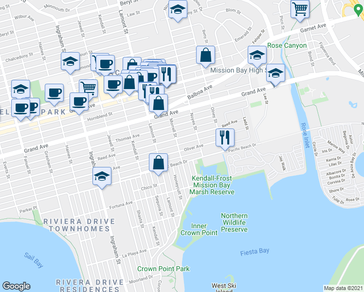 map of restaurants, bars, coffee shops, grocery stores, and more near 1972 Reed Avenue in San Diego