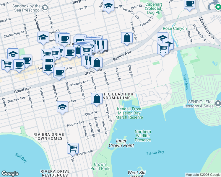 map of restaurants, bars, coffee shops, grocery stores, and more near 1972 Reed Avenue in San Diego