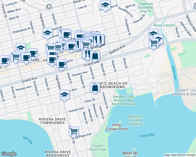 map of restaurants, bars, coffee shops, grocery stores, and more near 4257 Lamont Street in San Diego