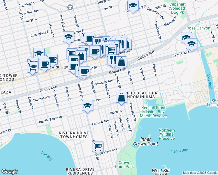 map of restaurants, bars, coffee shops, grocery stores, and more near 1831 Thomas Avenue in San Diego