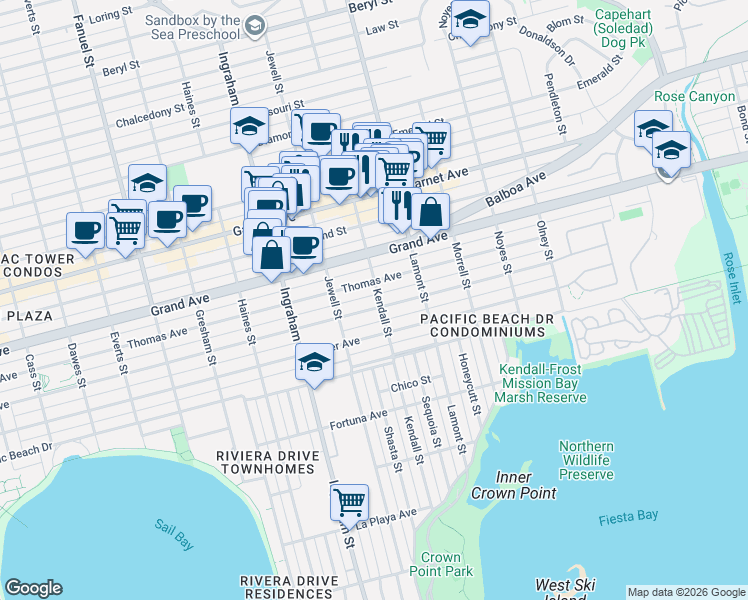 map of restaurants, bars, coffee shops, grocery stores, and more near 1745 Thomas Avenue in San Diego