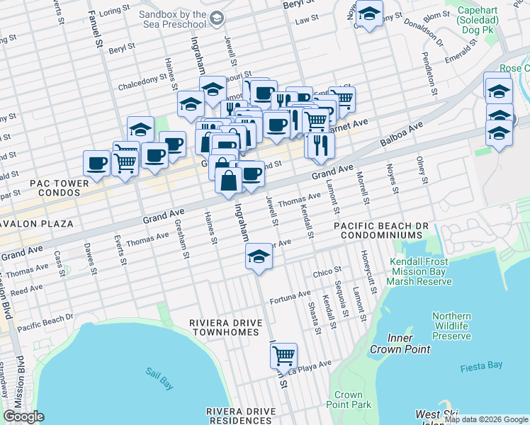 map of restaurants, bars, coffee shops, grocery stores, and more near 1668 Thomas Avenue in San Diego
