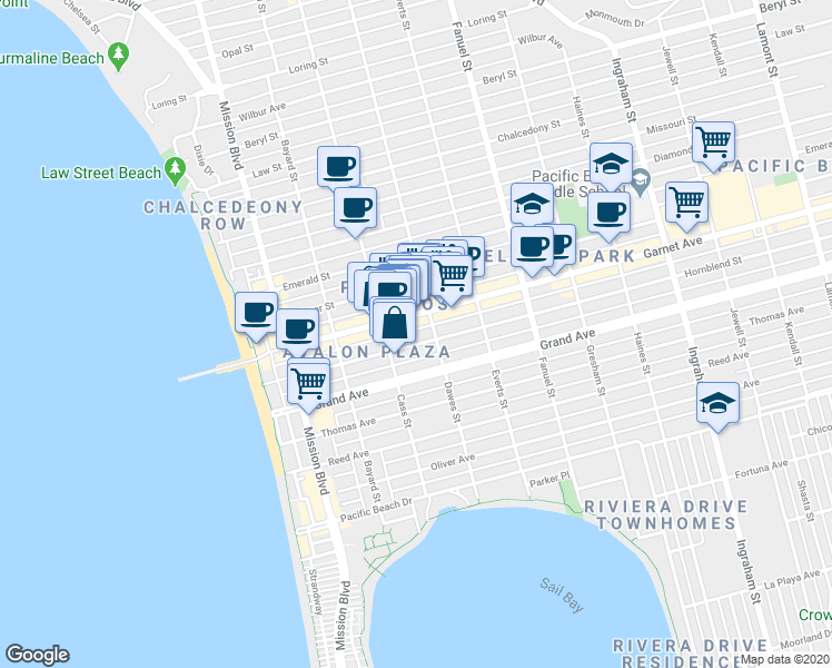 map of restaurants, bars, coffee shops, grocery stores, and more near 1059 Garnet Avenue in San Diego