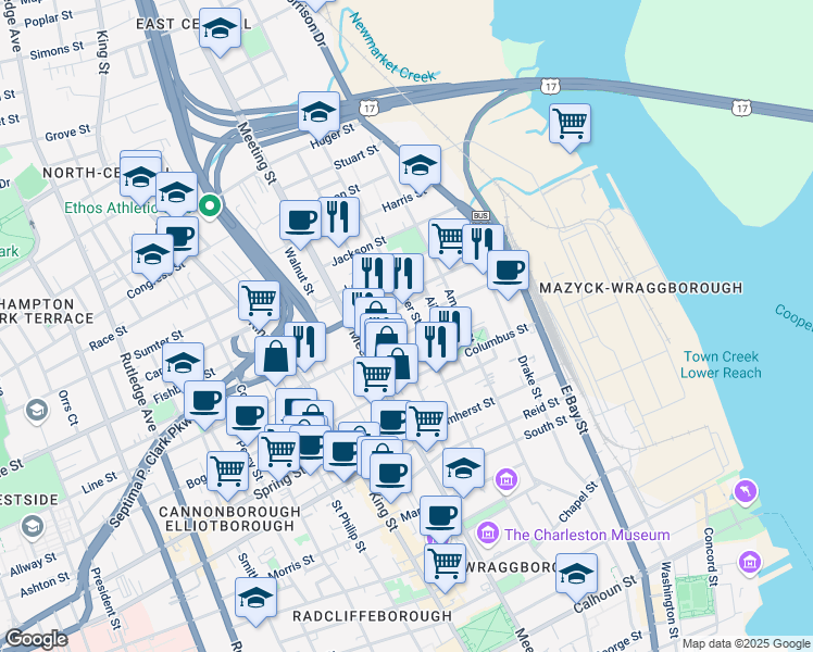 map of restaurants, bars, coffee shops, grocery stores, and more near 19 Sheppard Street in Charleston