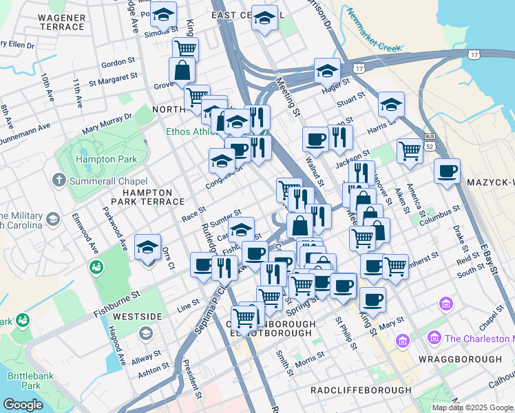 map of restaurants, bars, coffee shops, grocery stores, and more near 299 Coming Street in Charleston