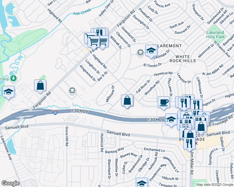 map of restaurants, bars, coffee shops, grocery stores, and more near 7923 Millstone Drive in Dallas