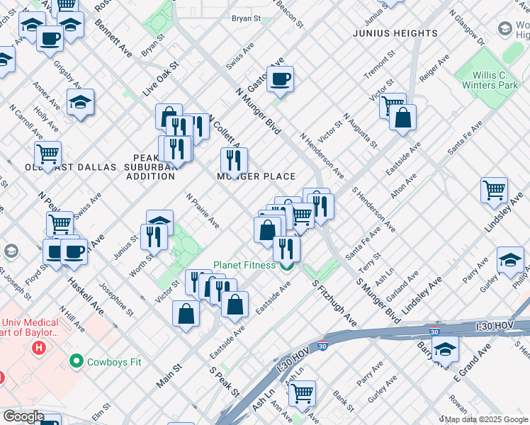 map of restaurants, bars, coffee shops, grocery stores, and more near 4920 Victor Street in Dallas