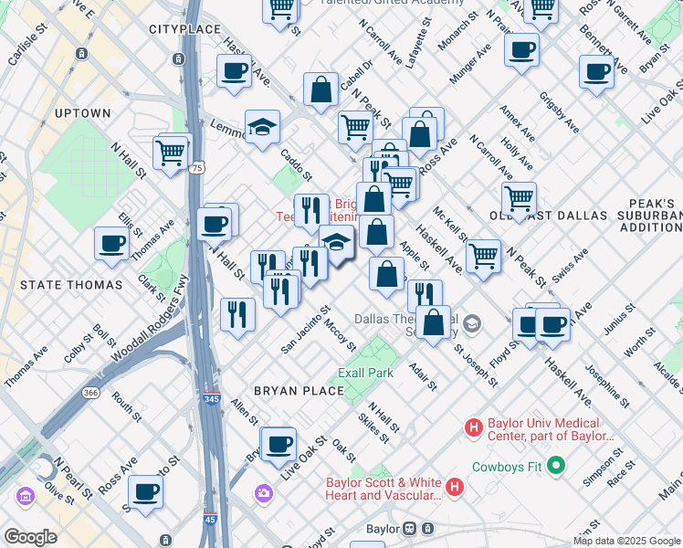 map of restaurants, bars, coffee shops, grocery stores, and more near in Dallas