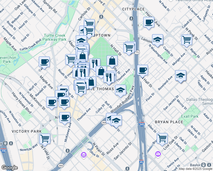 map of restaurants, bars, coffee shops, grocery stores, and more near 2903 State Street in Dallas