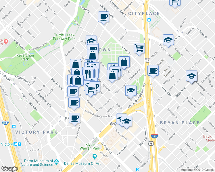 map of restaurants, bars, coffee shops, grocery stores, and more near 2518 Worthington Street in Dallas