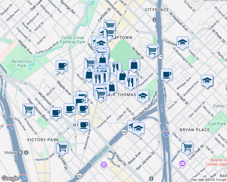 map of restaurants, bars, coffee shops, grocery stores, and more near 2518 Worthington Street in Dallas