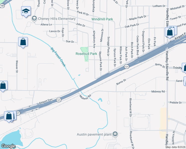 map of restaurants, bars, coffee shops, grocery stores, and more near 2600 Rosebud Lane in Richland Hills