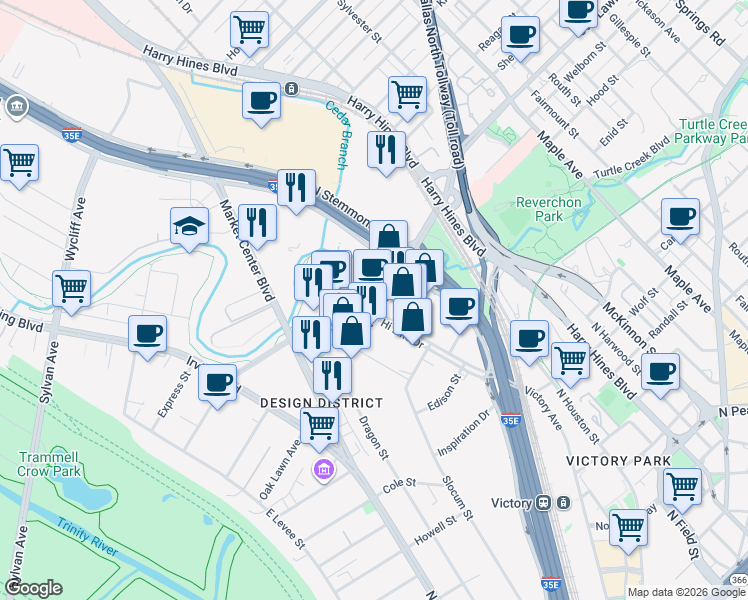 map of restaurants, bars, coffee shops, grocery stores, and more near 1621 Oak Lawn Avenue in Dallas